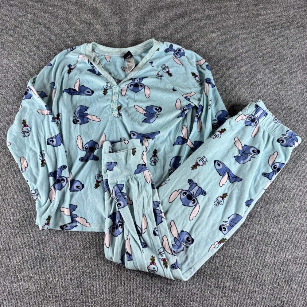 Disney Kids Lilo & Stitch Pajama Set Blue Fleece Henley Top Pants S 4-6